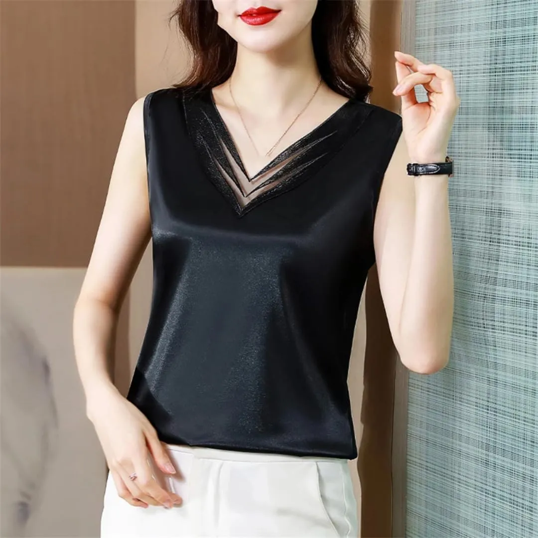 Woman Elegant Silk Satin T-Shirts Summer Camisole Casual Loose Camis Solid Tops for Women