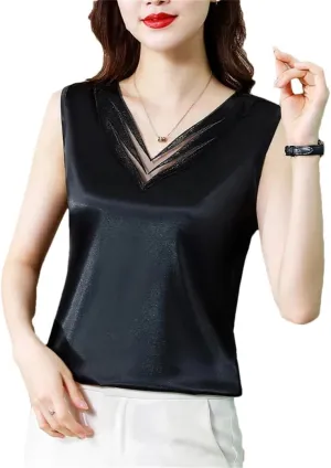 Woman Elegant Silk Satin T-Shirts Summer Camisole Casual Loose Camis Solid Tops for Women