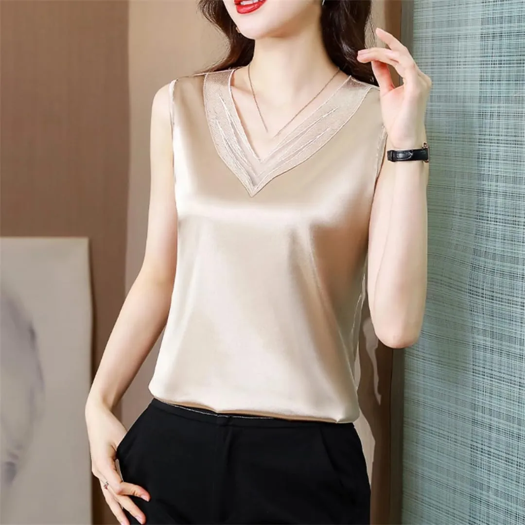 Woman Elegant Silk Satin T-Shirts Summer Camisole Casual Loose Camis Solid Tops for Women
