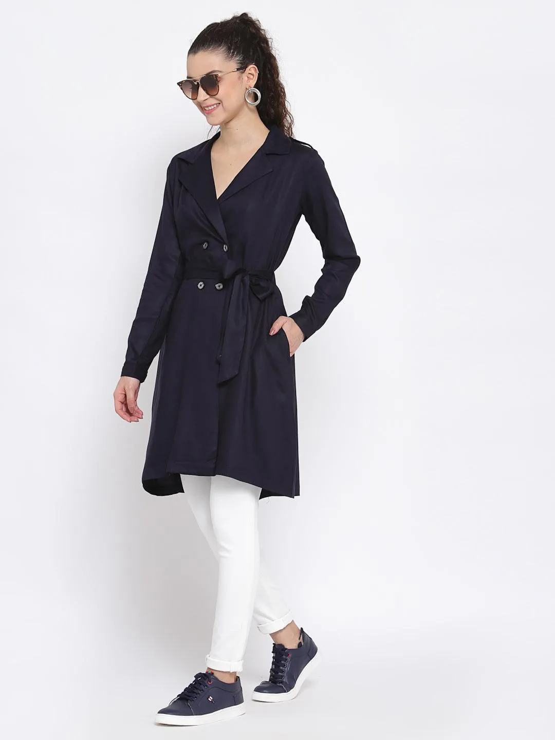 Women Solid Double-Breasted Knee-Length Trench Coat