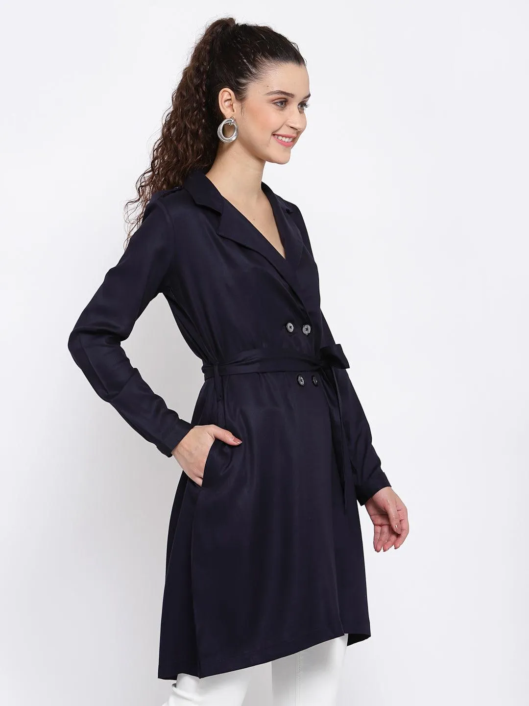 Women Solid Double-Breasted Knee-Length Trench Coat
