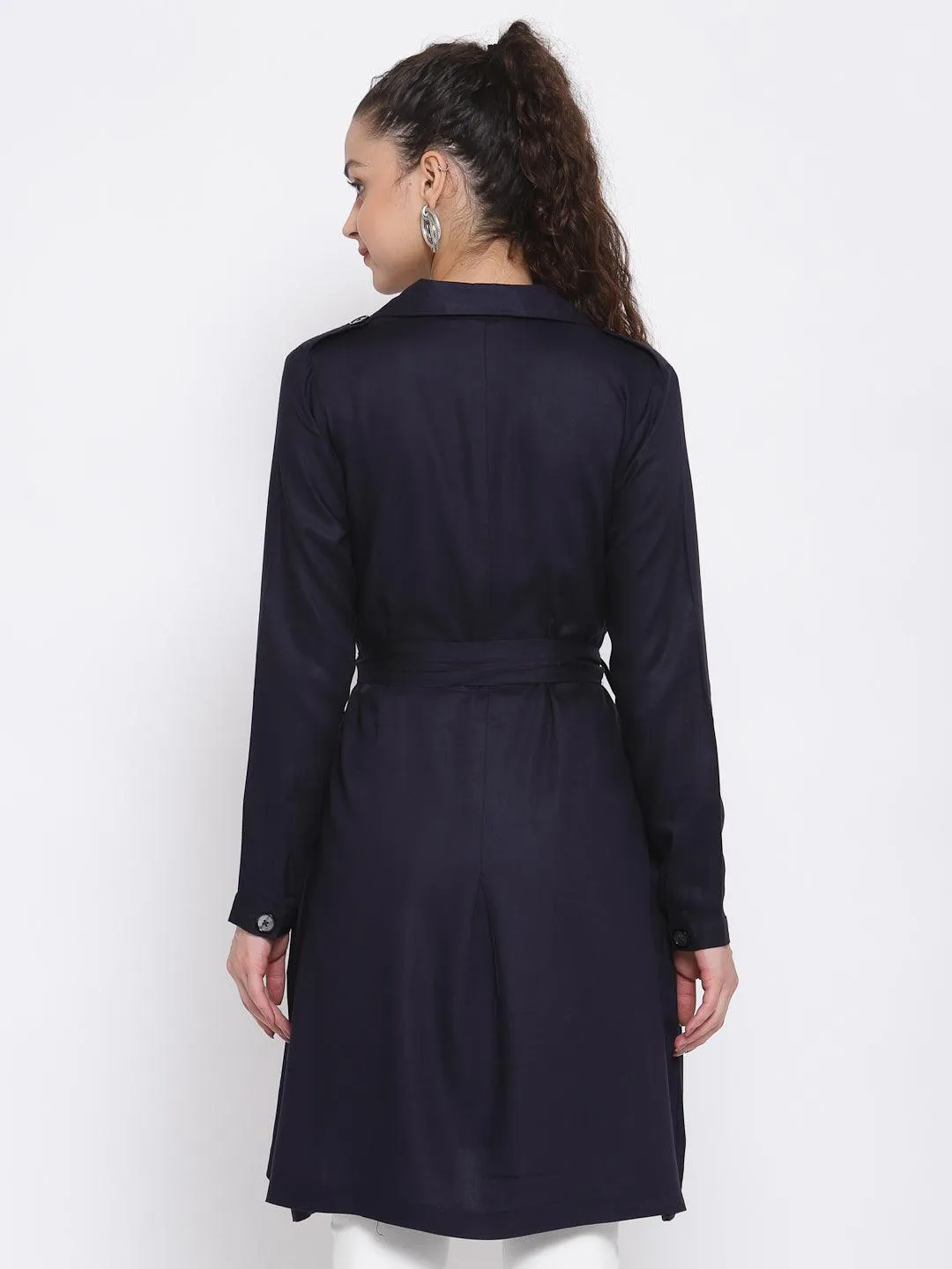 Women Solid Double-Breasted Knee-Length Trench Coat