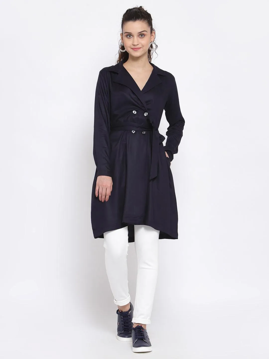 Women Solid Double-Breasted Knee-Length Trench Coat