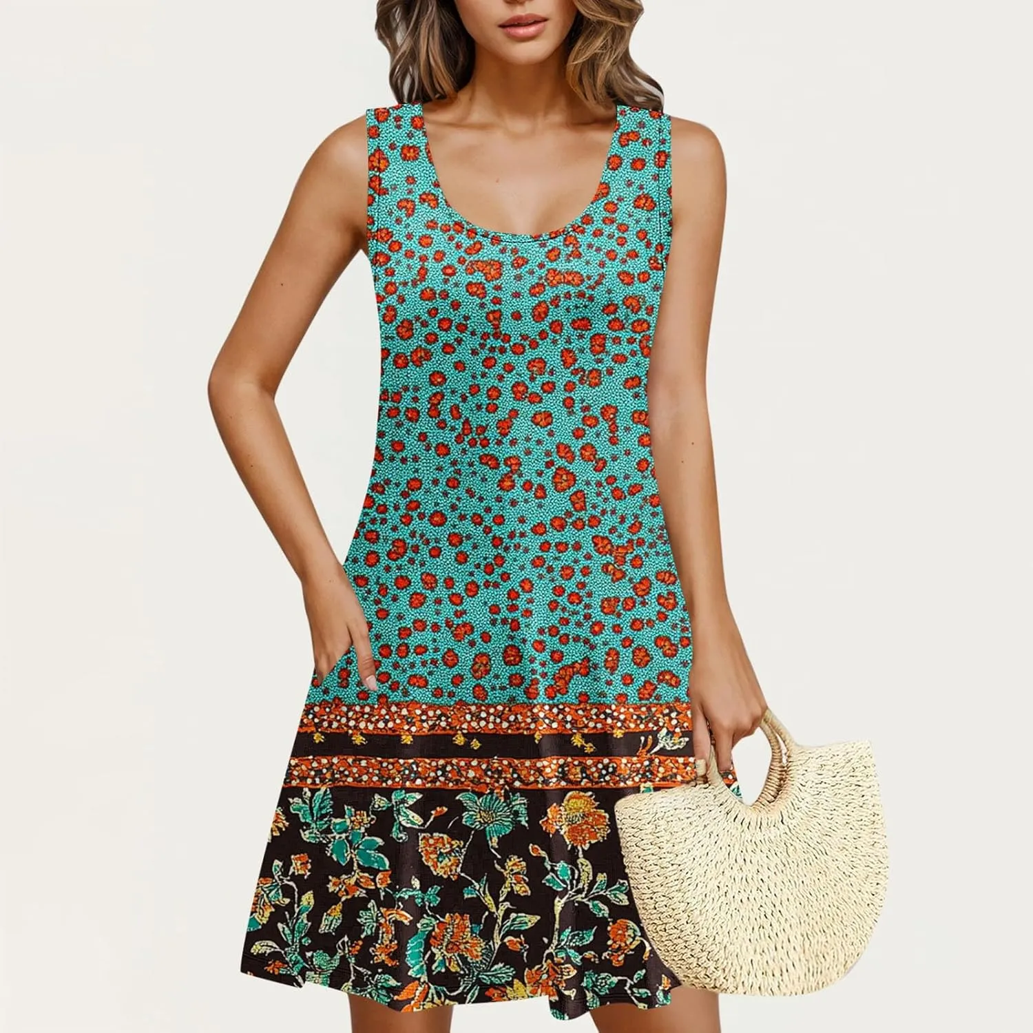 Womens Dresses Beach Casual Round Neck Sleeveless Floral Print Flowy Dress with Pockets 2025 Beach Mini Sundresses