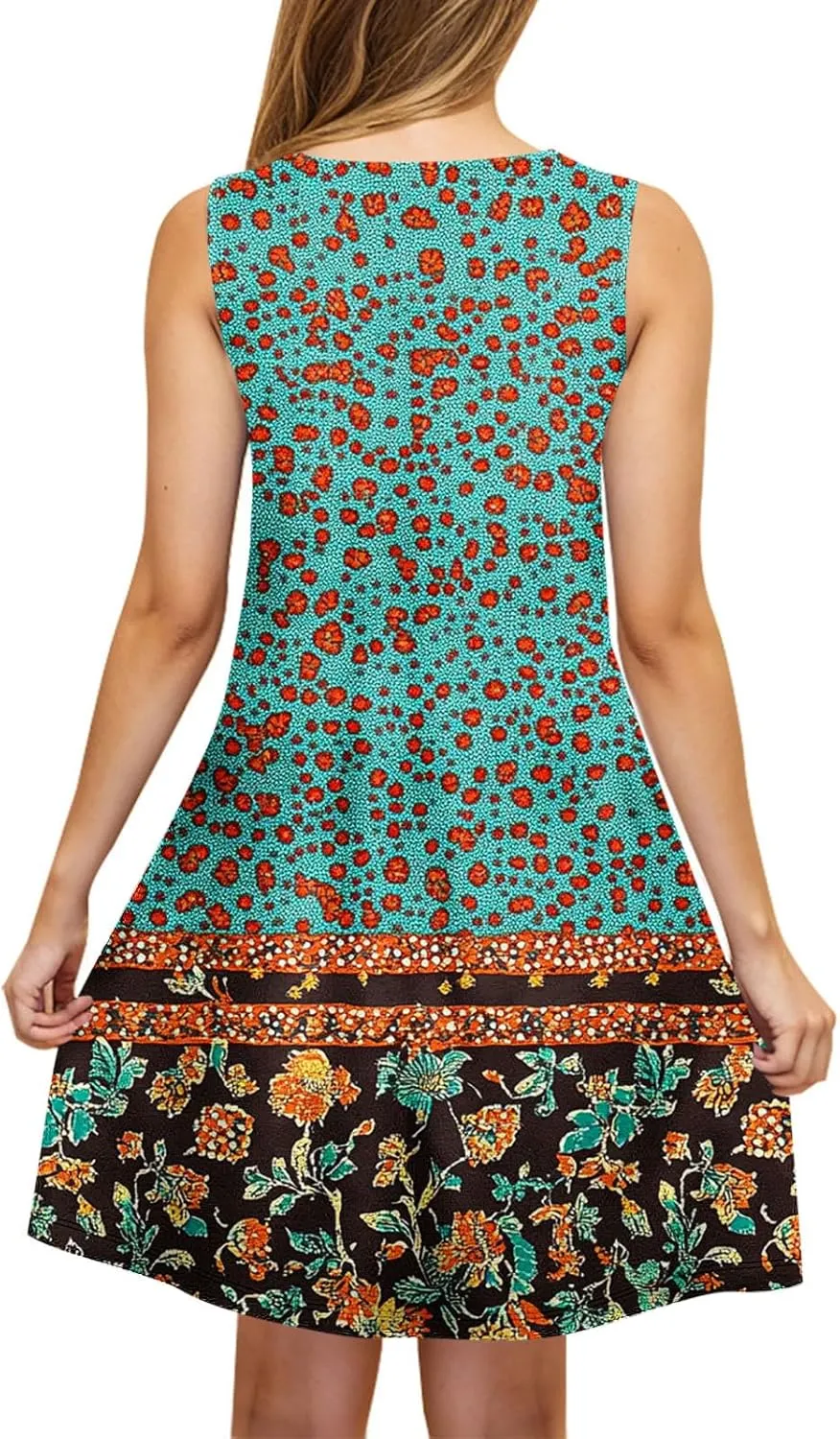 Womens Dresses Beach Casual Round Neck Sleeveless Floral Print Flowy Dress with Pockets 2025 Beach Mini Sundresses