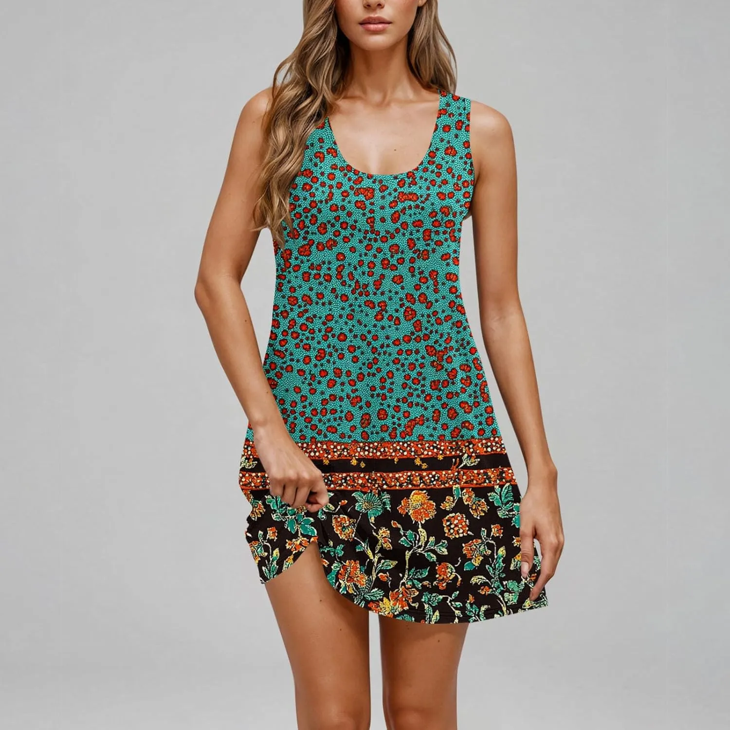 Womens Dresses Beach Casual Round Neck Sleeveless Floral Print Flowy Dress with Pockets 2025 Beach Mini Sundresses