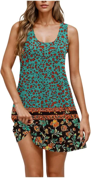 Womens Dresses Beach Casual Round Neck Sleeveless Floral Print Flowy Dress with Pockets 2025 Beach Mini Sundresses