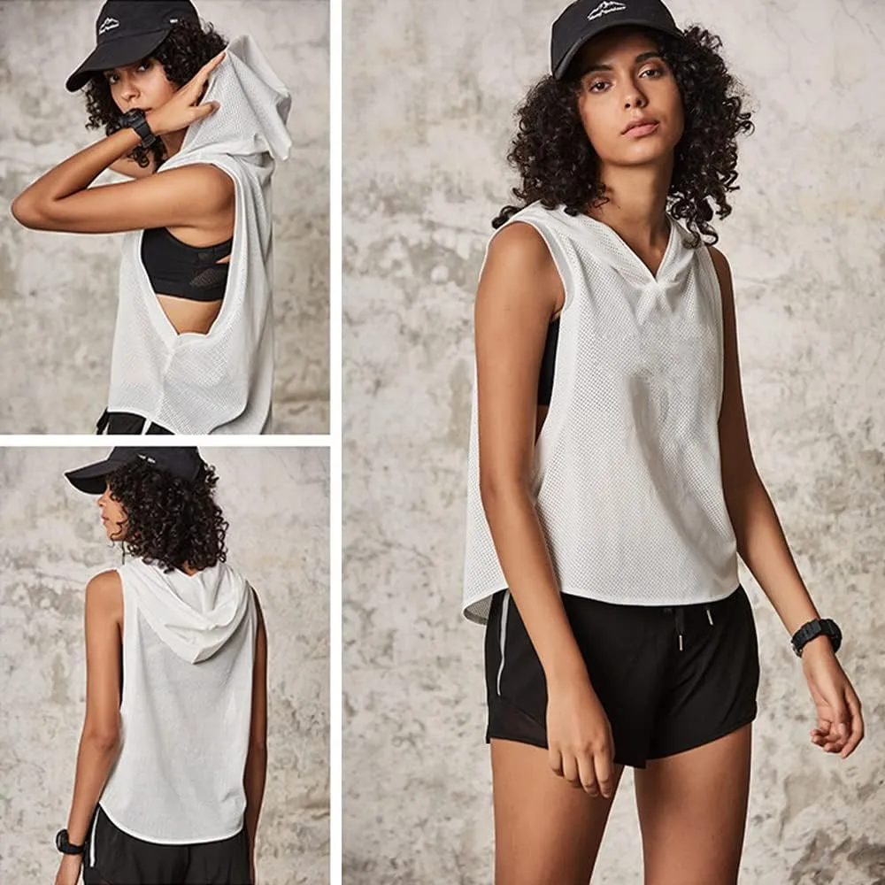 Women's Fitness Sleeveless Mesh Hoodie Sports Running T-shirts Workout Tops