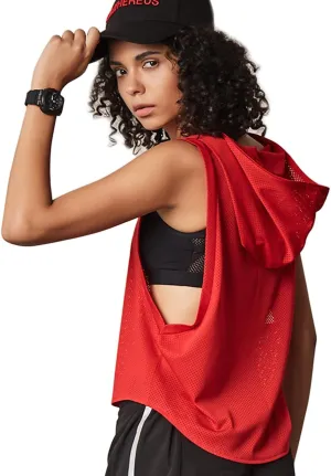 Women's Fitness Sleeveless Mesh Hoodie Sports Running T-shirts Workout Tops