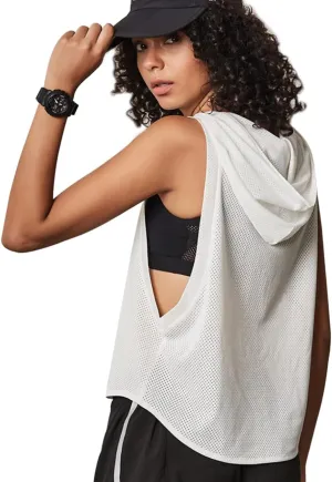 Women's Fitness Sleeveless Mesh Hoodie Sports Running T-shirts Workout Tops