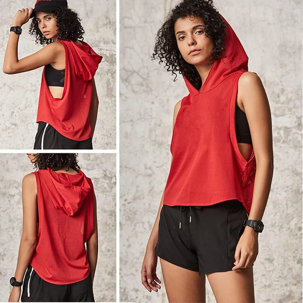 Women's Fitness Sleeveless Mesh Hoodie Sports Running T-shirts Workout Tops