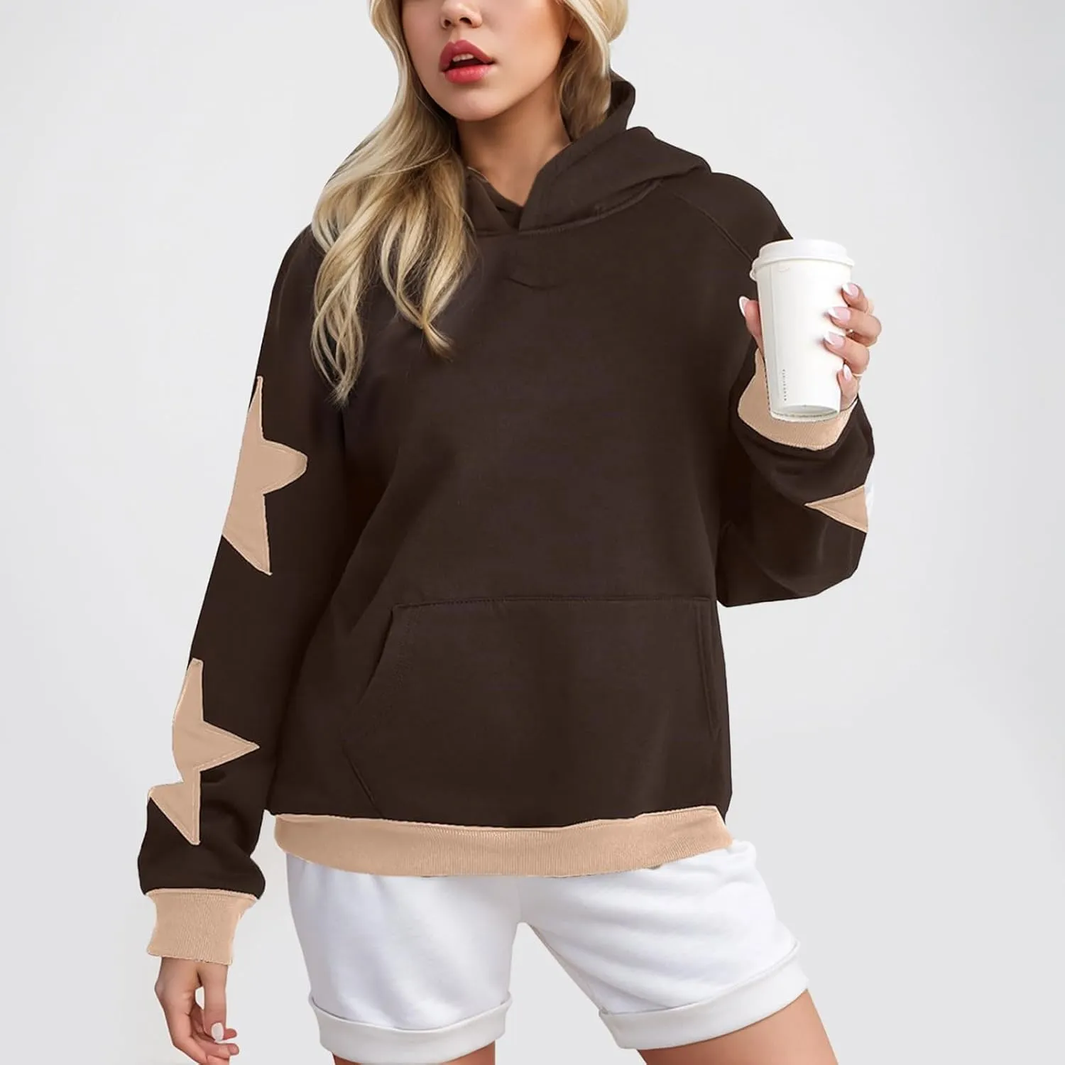 Womens Oversized Hoodies Fleece Sweatshirts Long Sleeve with Star Pullover with Pocket Fall Winter Outfits Y2k Clothes