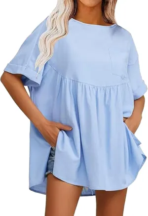 Women's Shirts Casual Mini Ruffle Dress Oversized Short Sleeve Crew Neck Peplum T Shirts Summer Loose Fit Dress with Pockets Light Blue