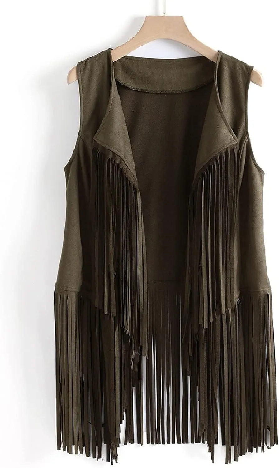Womens Vintage Western Fringe Vest Tops Classic Suede Leather 70s Cowboy Shirt Sleeveless Tassels Cardigan Jackets