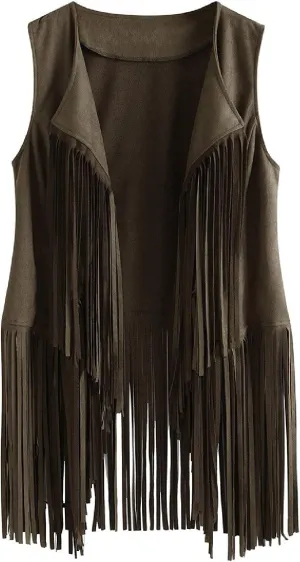 Womens Vintage Western Fringe Vest Tops Classic Suede Leather 70s Cowboy Shirt Sleeveless Tassels Cardigan Jackets