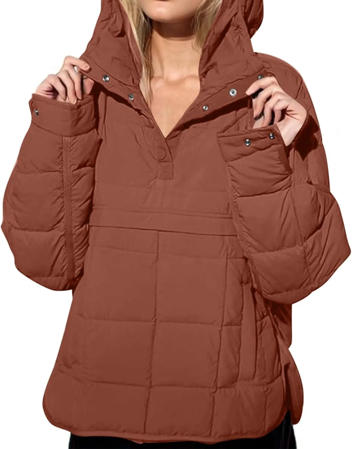 Xiaojmake Womens Quilted Puffer Jacket Oversized Long Sleeve Hooded Pullover Winter Warm Down Coats Light Jacket with Pockets