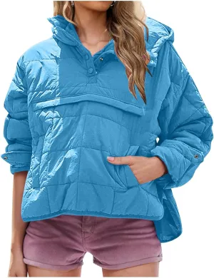 Xiaojmake Womens Quilted Puffer Jacket Oversized Long Sleeve Hooded Pullover Winter Warm Down Coats Light Jacket with Pockets