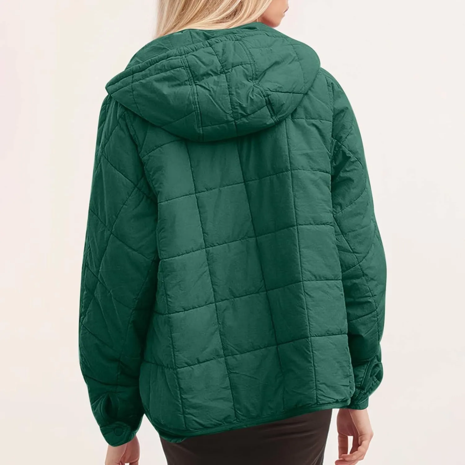 Xiaojmake Womens Quilted Puffer Jacket Oversized Long Sleeve Hooded Pullover Winter Warm Down Coats Light Jacket with Pockets