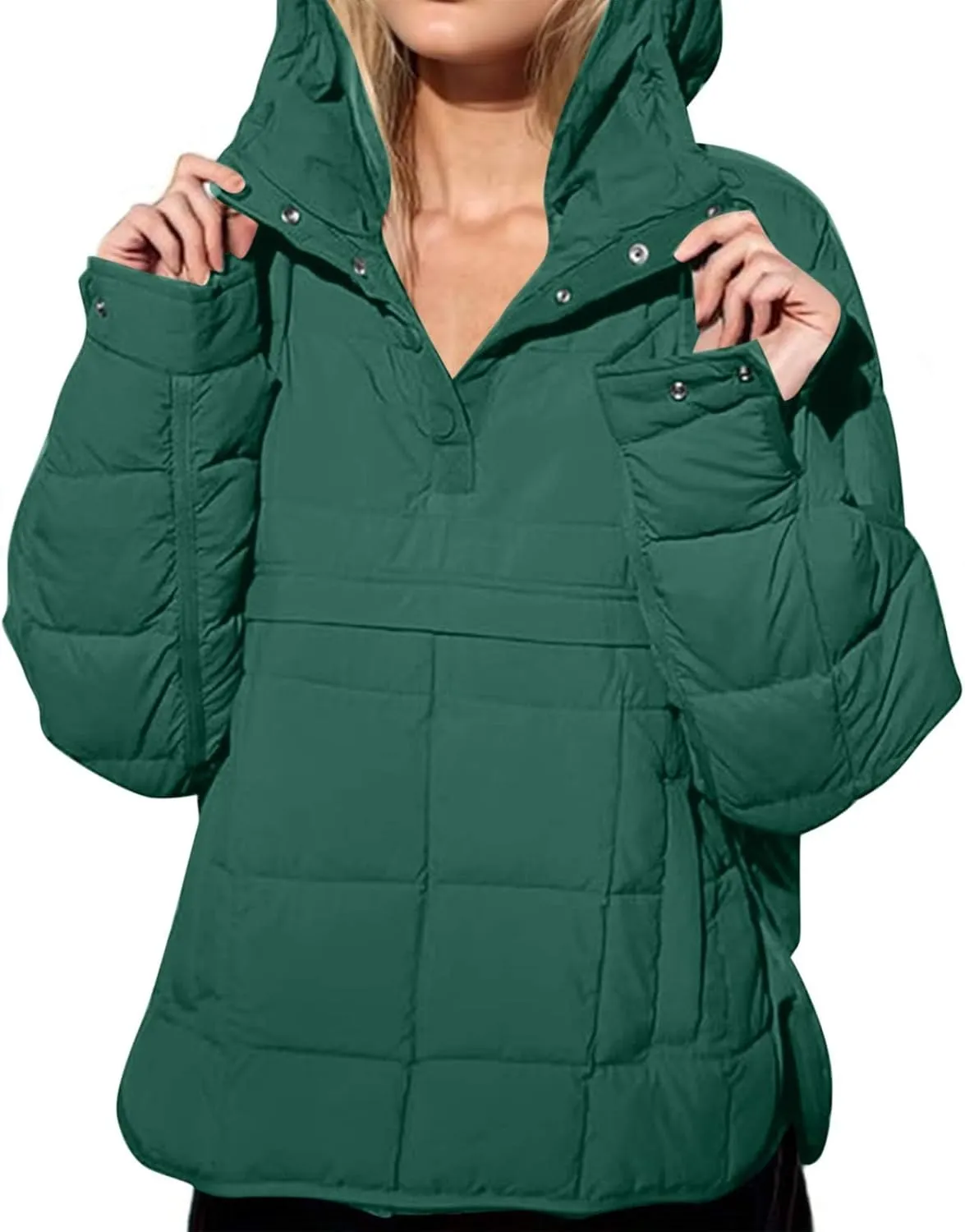 Xiaojmake Womens Quilted Puffer Jacket Oversized Long Sleeve Hooded Pullover Winter Warm Down Coats Light Jacket with Pockets