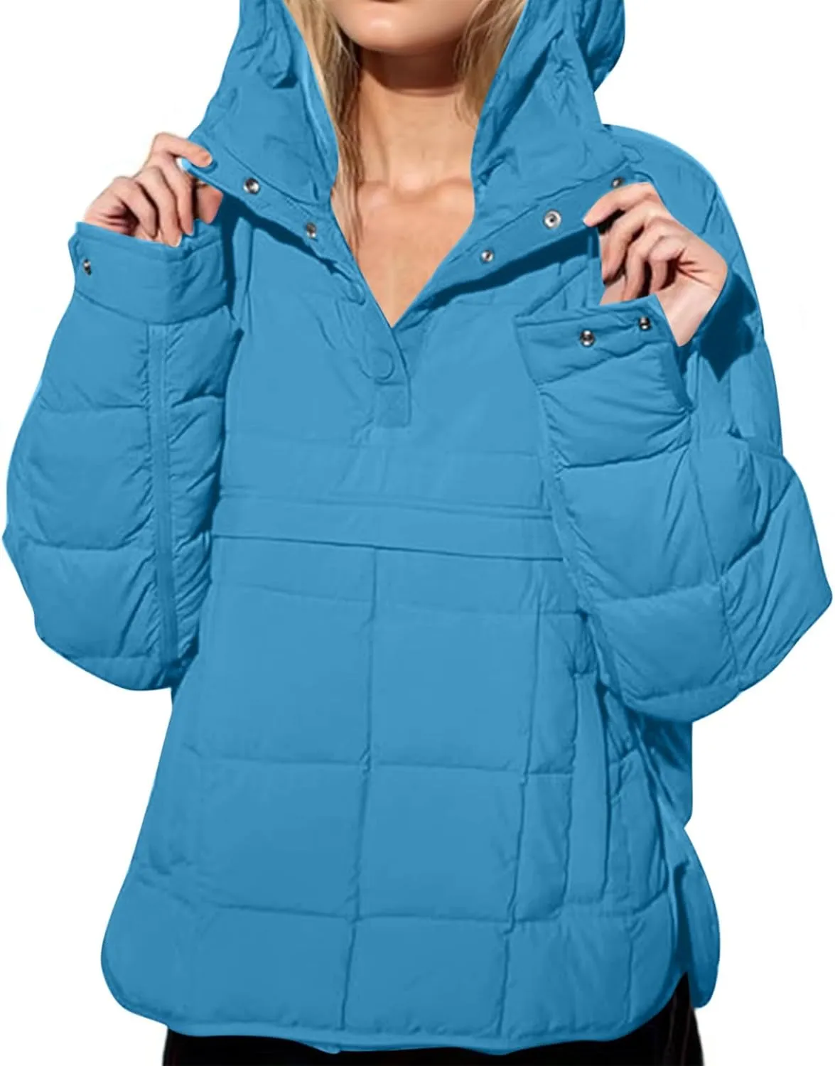 Xiaojmake Womens Quilted Puffer Jacket Oversized Long Sleeve Hooded Pullover Winter Warm Down Coats Light Jacket with Pockets