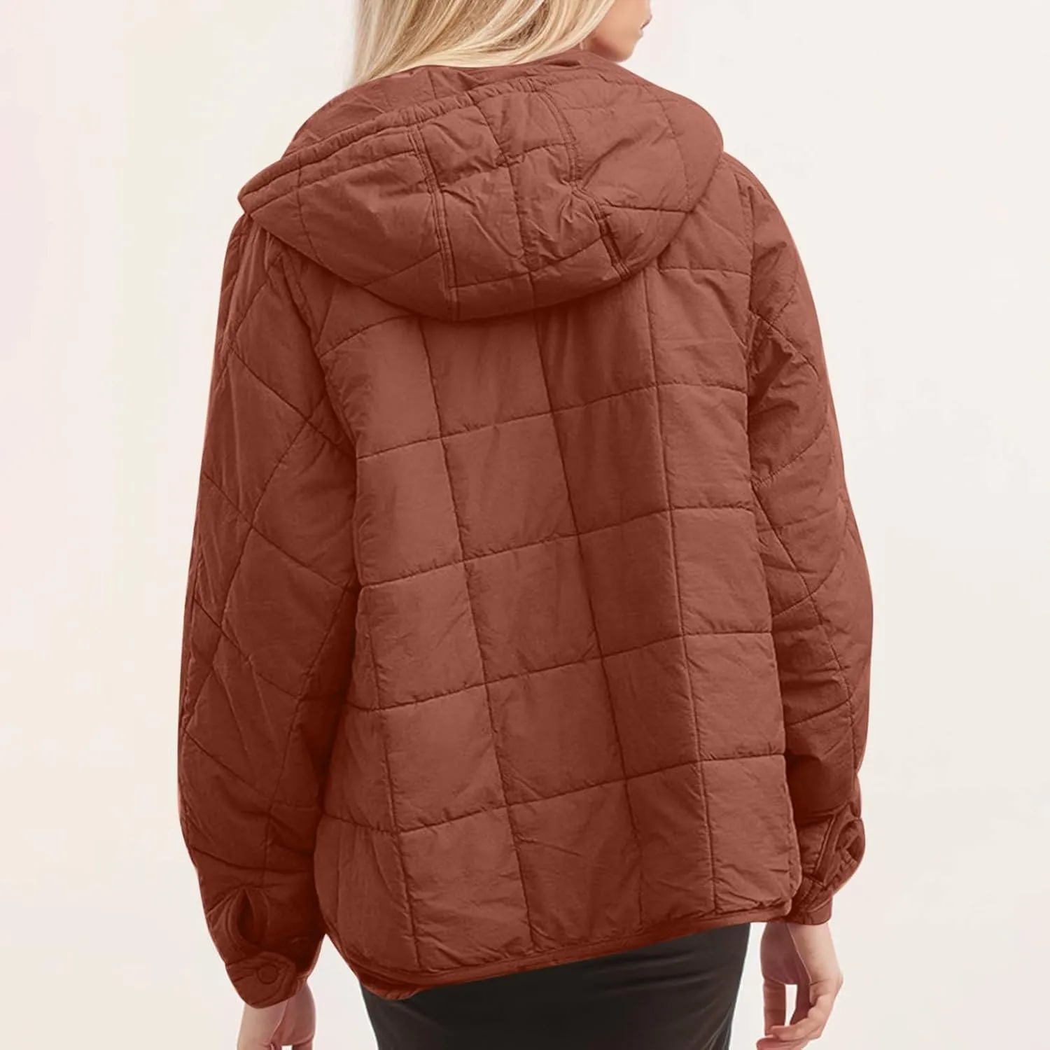 Xiaojmake Womens Quilted Puffer Jacket Oversized Long Sleeve Hooded Pullover Winter Warm Down Coats Light Jacket with Pockets
