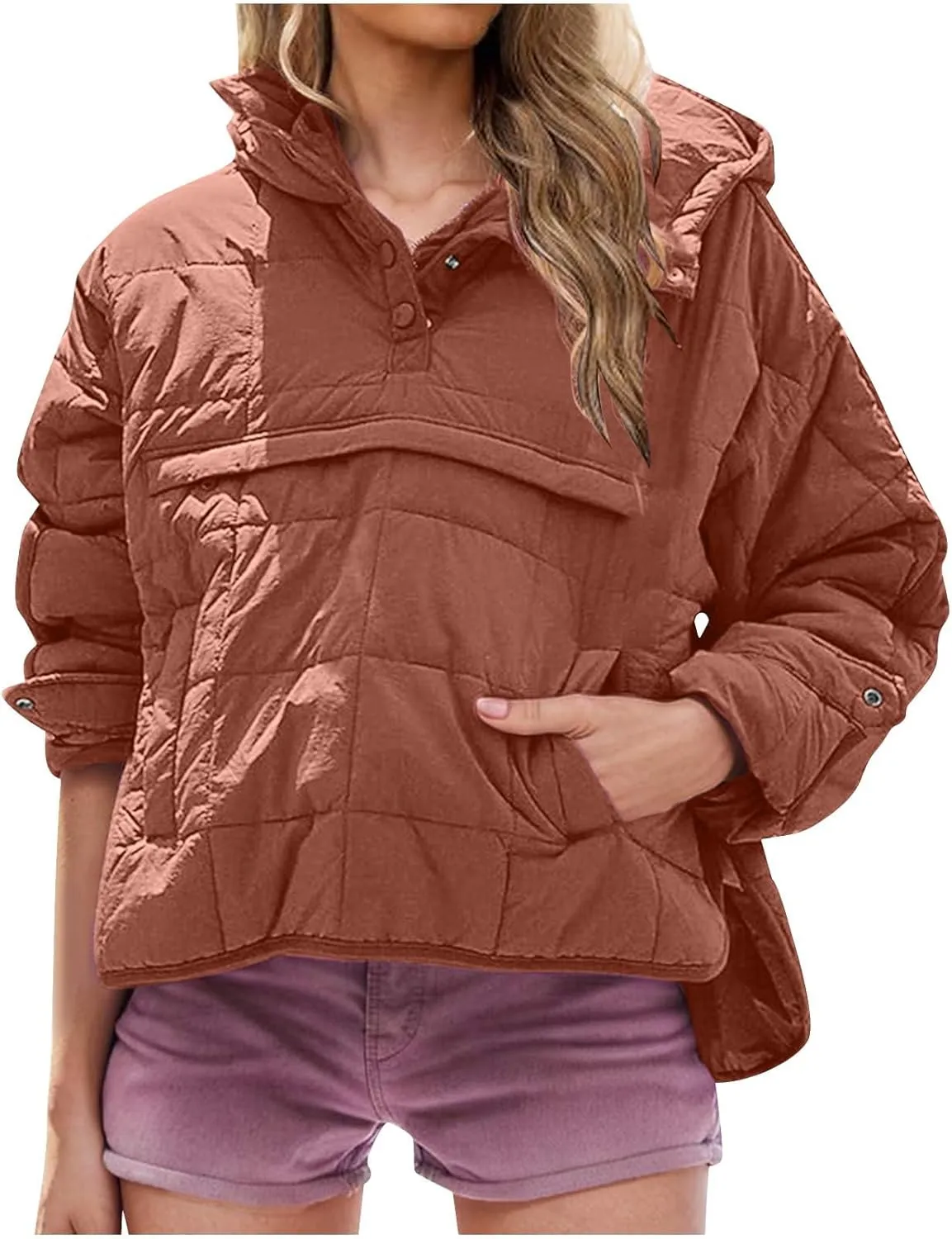 Xiaojmake Womens Quilted Puffer Jacket Oversized Long Sleeve Hooded Pullover Winter Warm Down Coats Light Jacket with Pockets