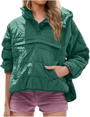 Xiaojmake Womens Quilted Puffer Jacket Oversized Long Sleeve Hooded Pullover Winter Warm Down Coats Light Jacket with Pockets