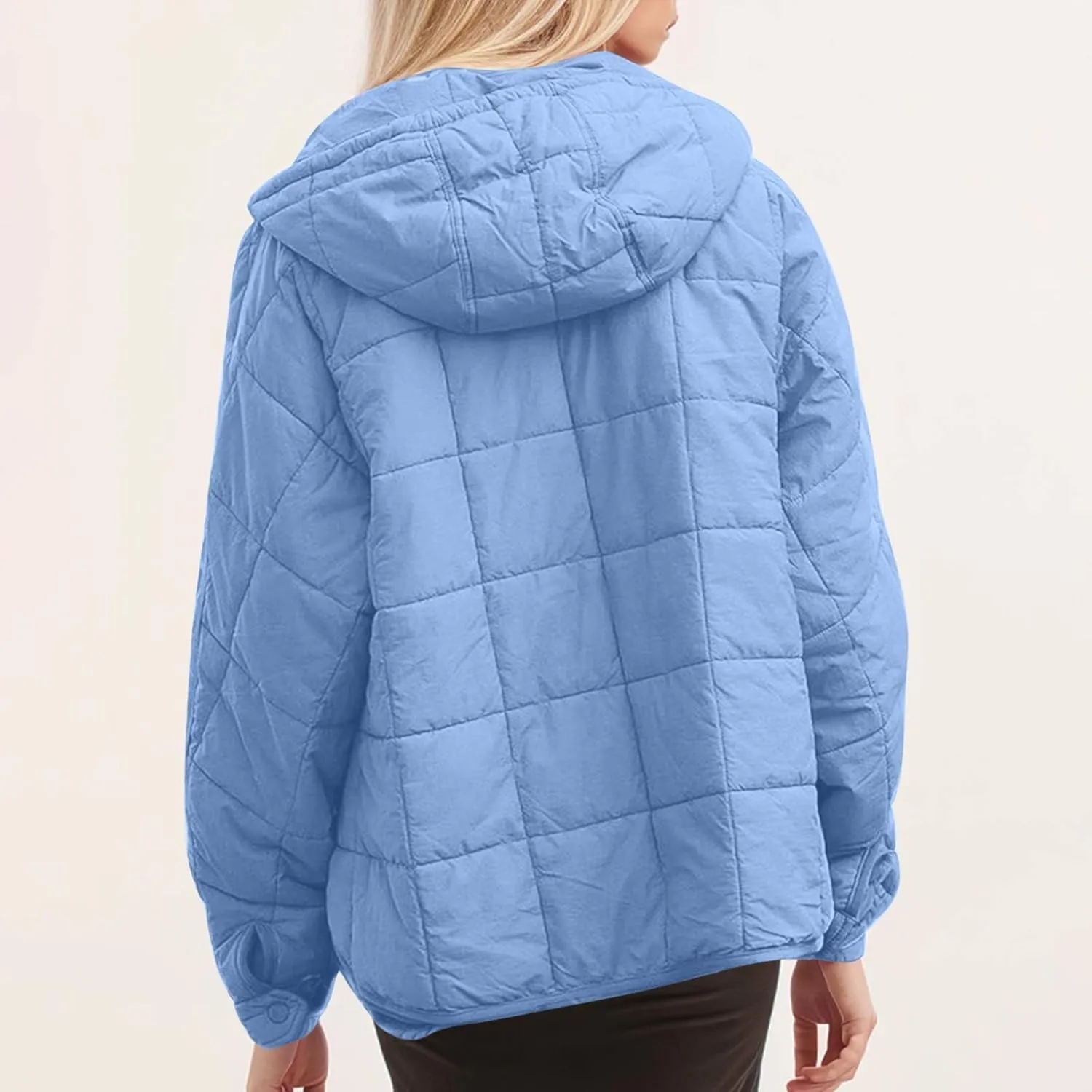 Xiaojmake Womens Quilted Puffer Jacket Oversized Long Sleeve Hooded Pullover Winter Warm Down Coats Light Jacket with Pockets
