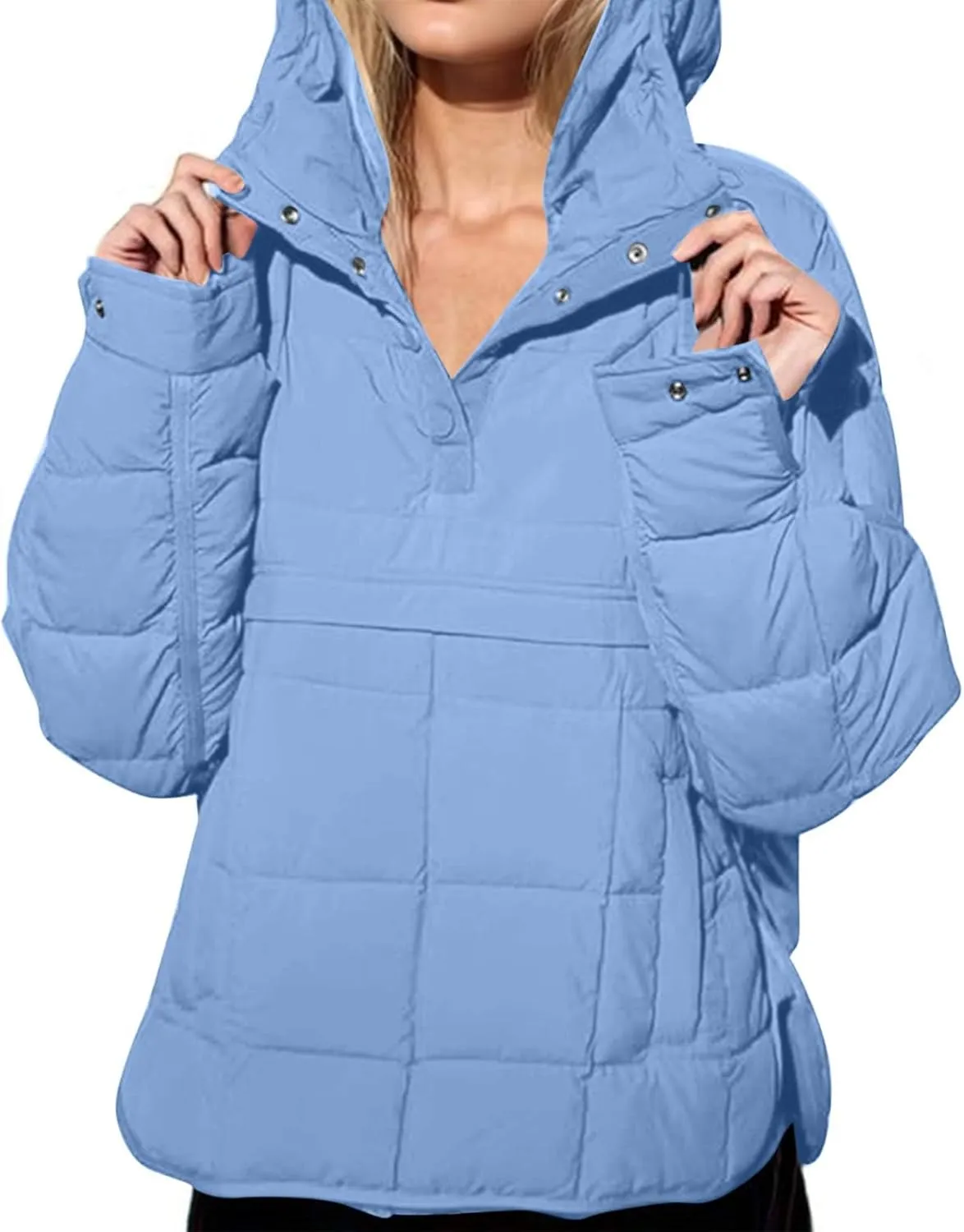 Xiaojmake Womens Quilted Puffer Jacket Oversized Long Sleeve Hooded Pullover Winter Warm Down Coats Light Jacket with Pockets