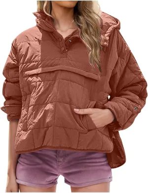Xiaojmake Womens Quilted Puffer Jacket Oversized Long Sleeve Hooded Pullover Winter Warm Down Coats Light Jacket with Pockets