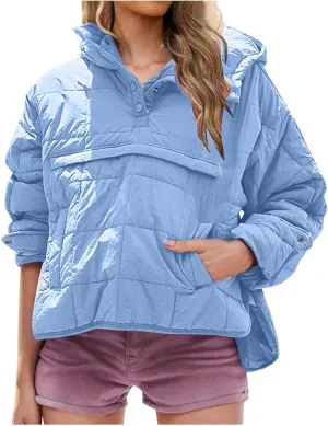 Xiaojmake Womens Quilted Puffer Jacket Oversized Long Sleeve Hooded Pullover Winter Warm Down Coats Light Jacket with Pockets