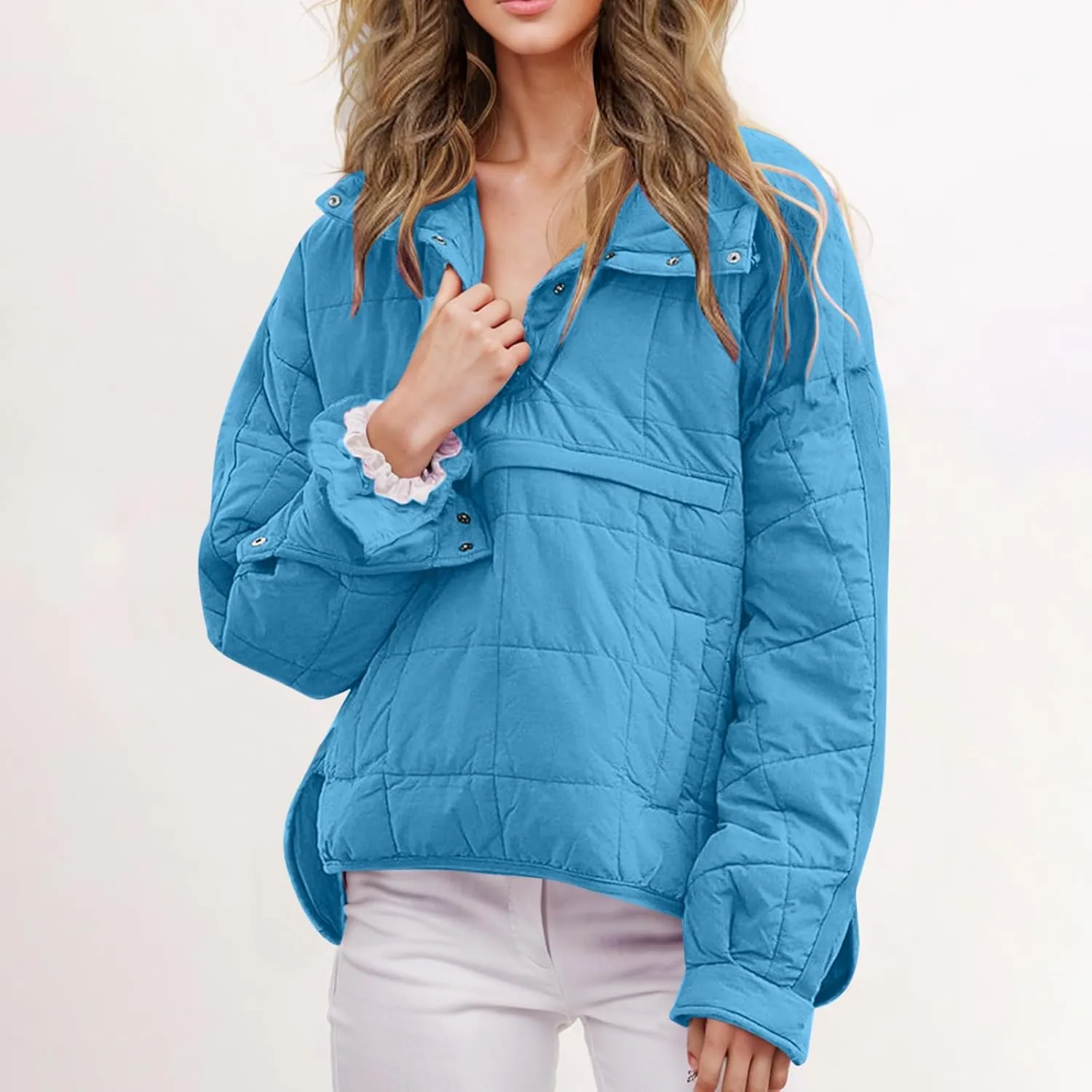 Xiaojmake Womens Quilted Puffer Jacket Oversized Long Sleeve Hooded Pullover Winter Warm Down Coats Light Jacket with Pockets