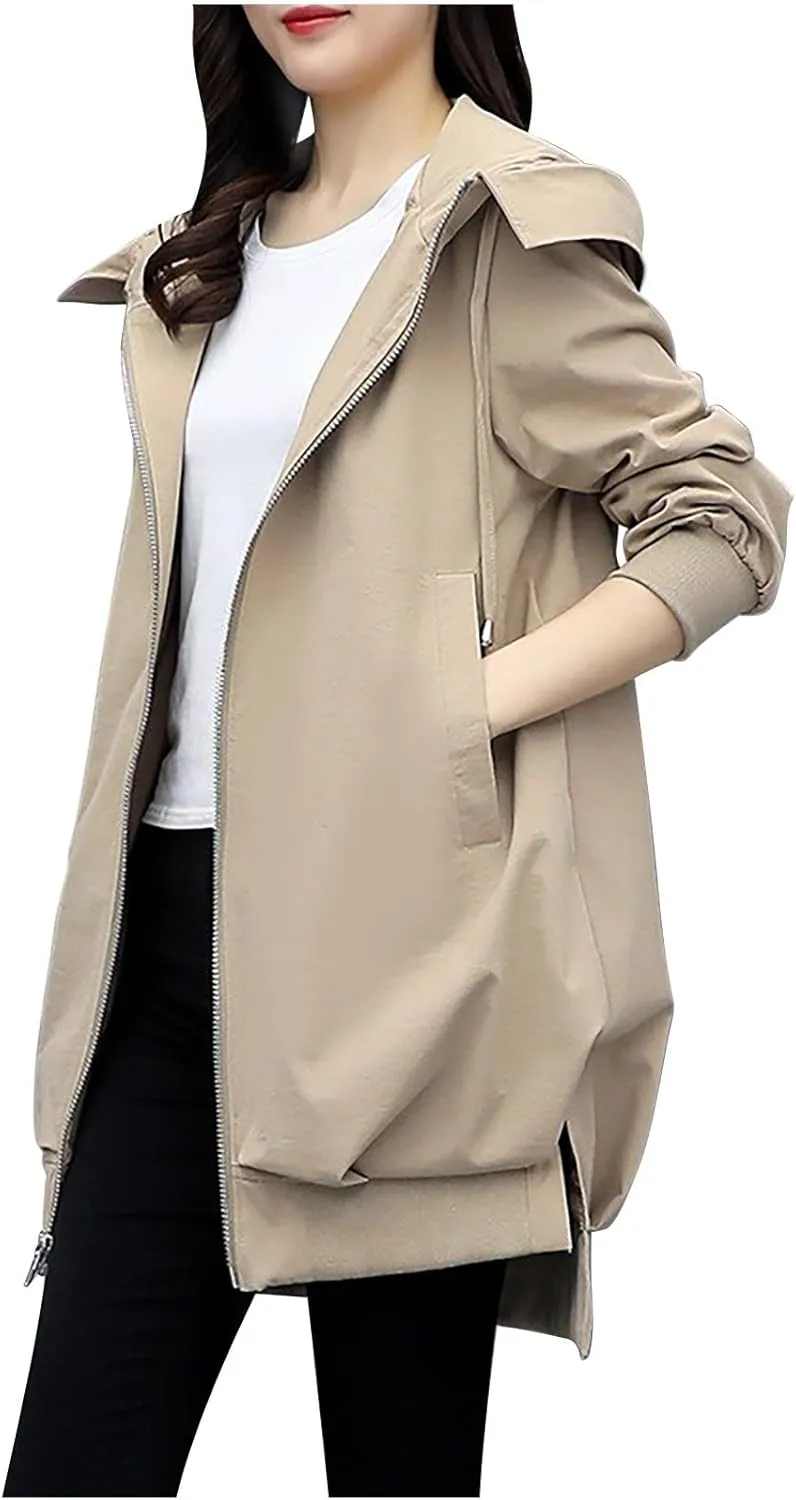 YRAETENM Long Trench Coat for Women Casual Lightweight Zip up Jackets Water Resistant Hooded Windbreaker Comfortable Outwear
