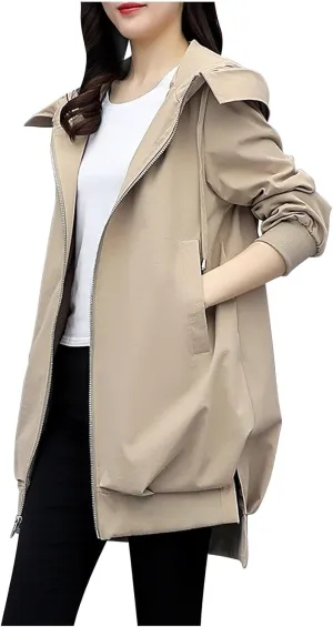 YRAETENM Long Trench Coat for Women Casual Lightweight Zip up Jackets Water Resistant Hooded Windbreaker Comfortable Outwear