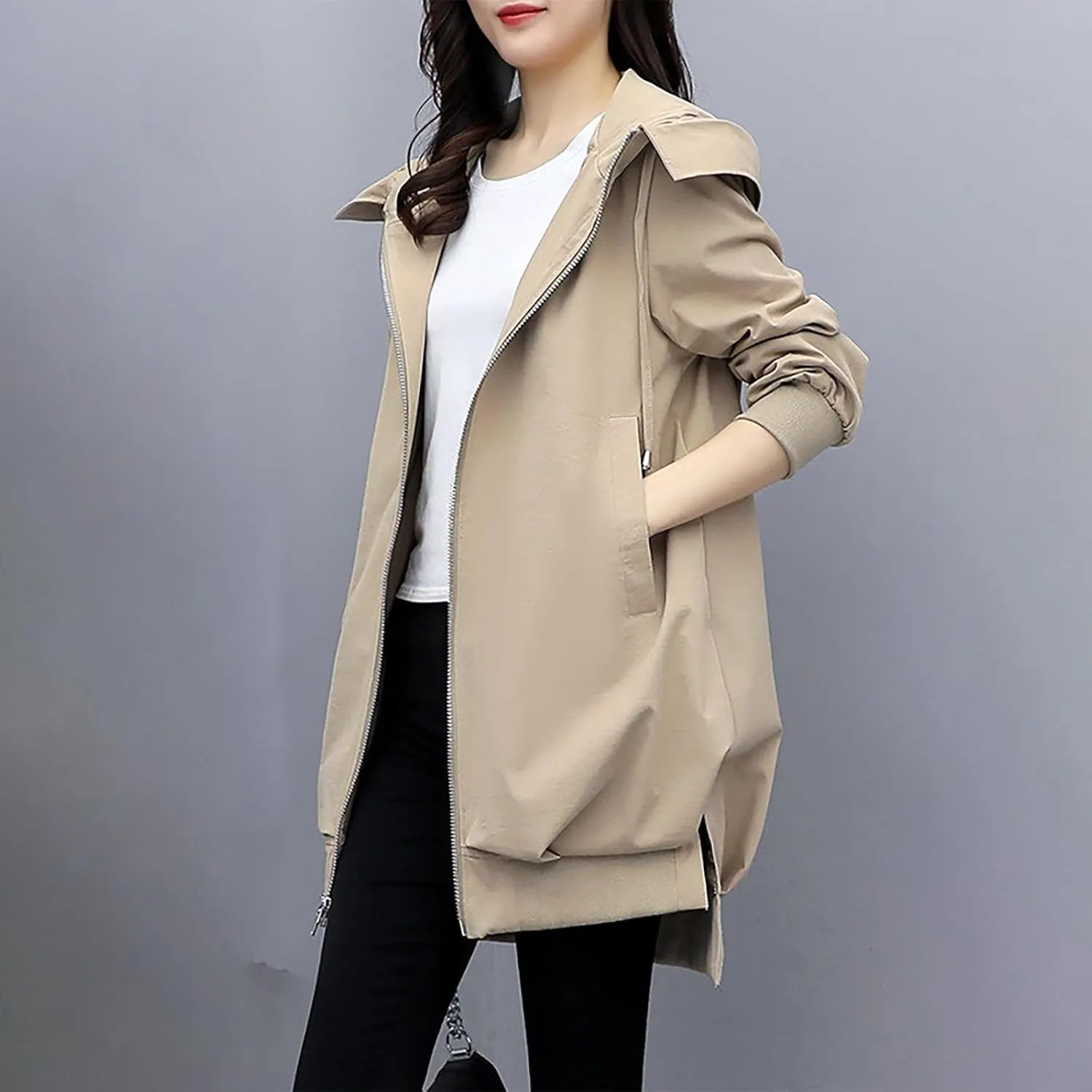 YRAETENM Long Trench Coat for Women Casual Lightweight Zip up Jackets Water Resistant Hooded Windbreaker Comfortable Outwear