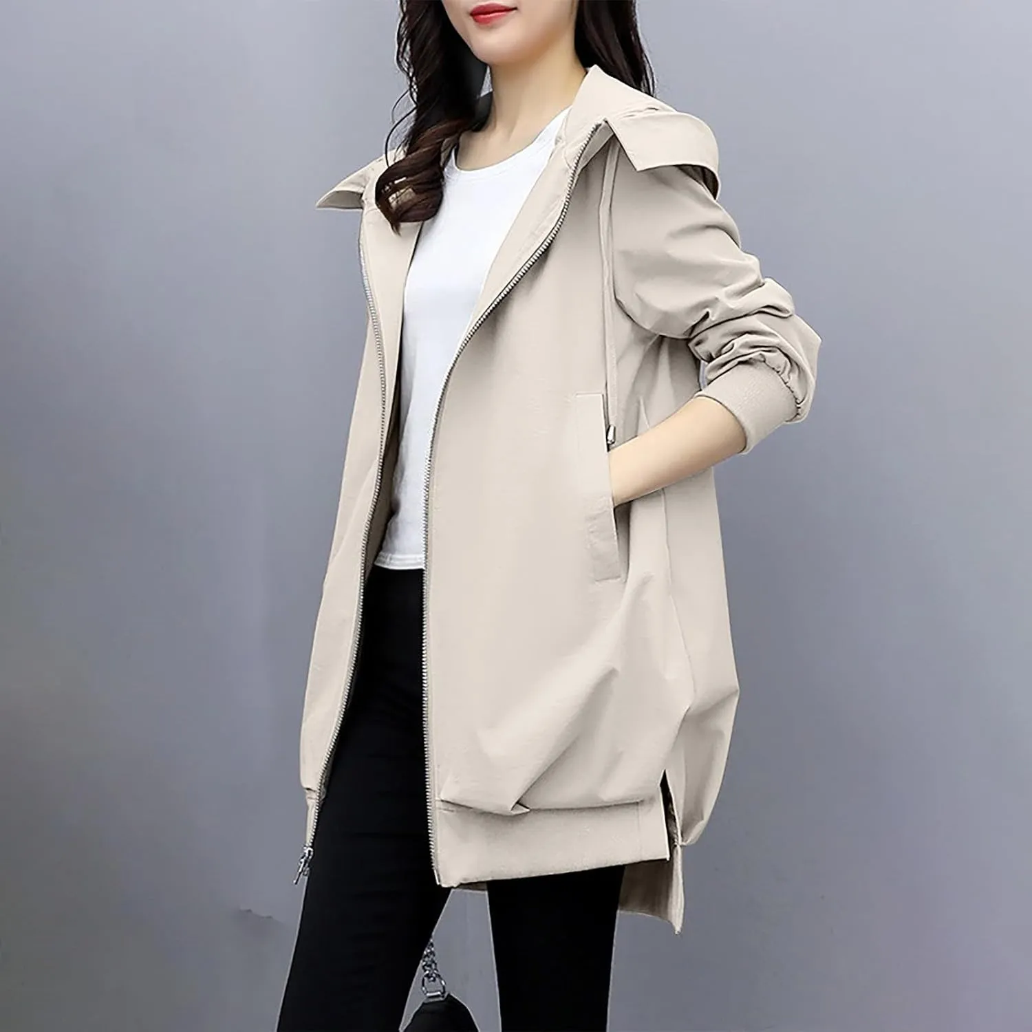YRAETENM Long Trench Coat for Women Casual Lightweight Zip up Jackets Water Resistant Hooded Windbreaker Comfortable Outwear