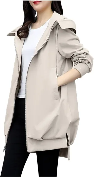 YRAETENM Long Trench Coat for Women Casual Lightweight Zip up Jackets Water Resistant Hooded Windbreaker Comfortable Outwear