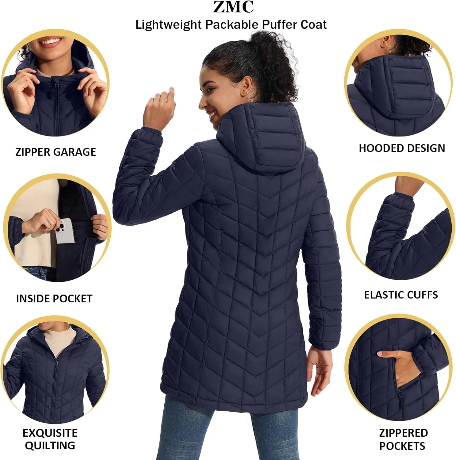 ZMC Women's Packable Puffer Jacket, Water-Resistant Hooded Puffer Jacket Lightweight Mid-Length Winter Puffer Coat