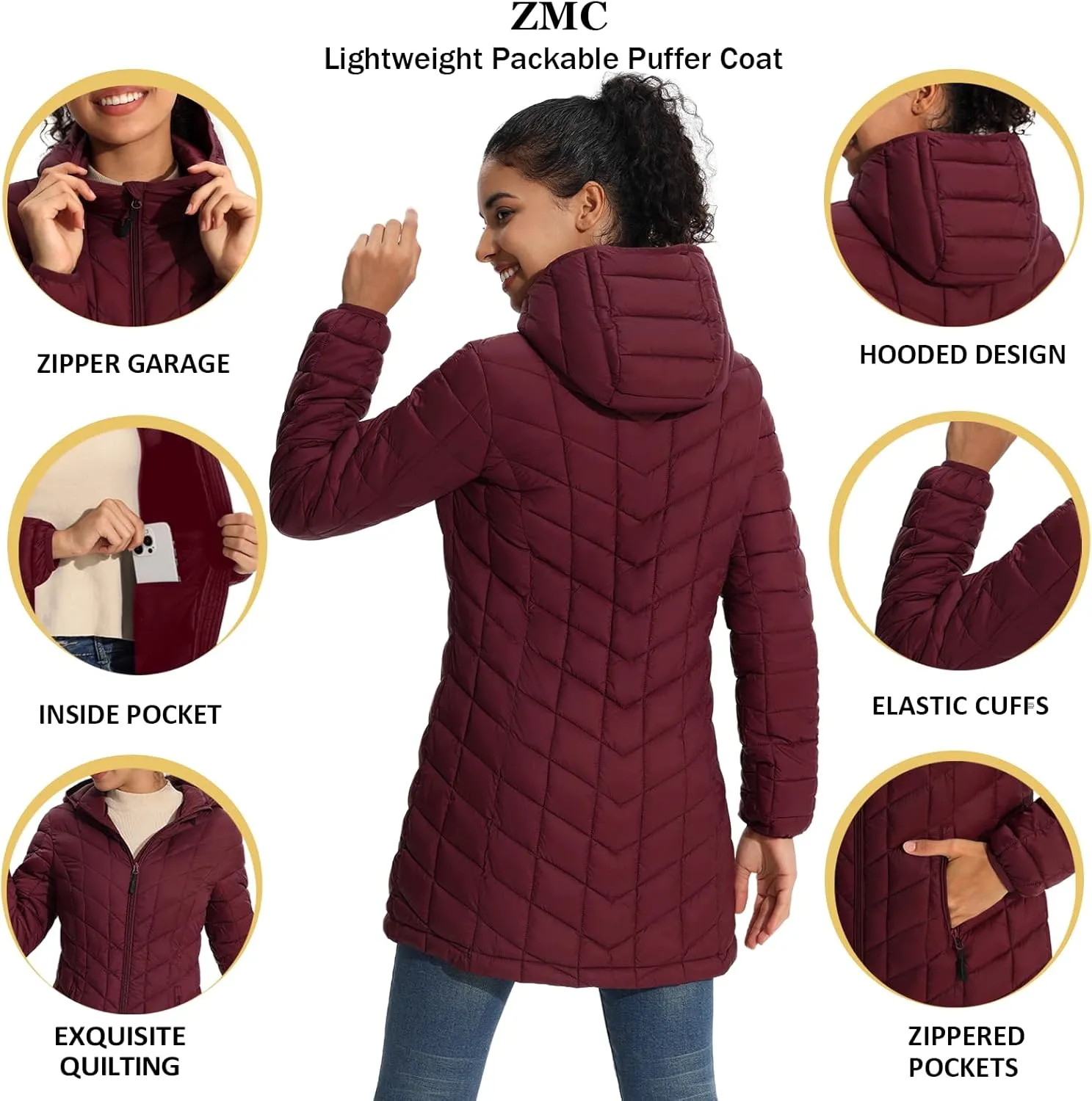 ZMC Women's Packable Puffer Jacket, Water-Resistant Hooded Puffer Jacket Lightweight Mid-Length Winter Puffer Coat