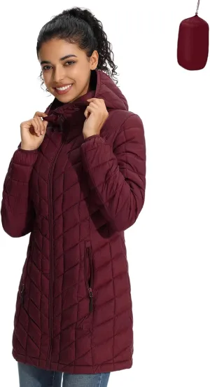 ZMC Women's Packable Puffer Jacket, Water-Resistant Hooded Puffer Jacket Lightweight Mid-Length Winter Puffer Coat