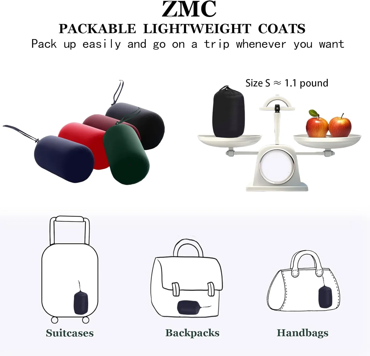 ZMC Women's Packable Puffer Jacket, Water-Resistant Hooded Puffer Jacket Lightweight Mid-Length Winter Puffer Coat