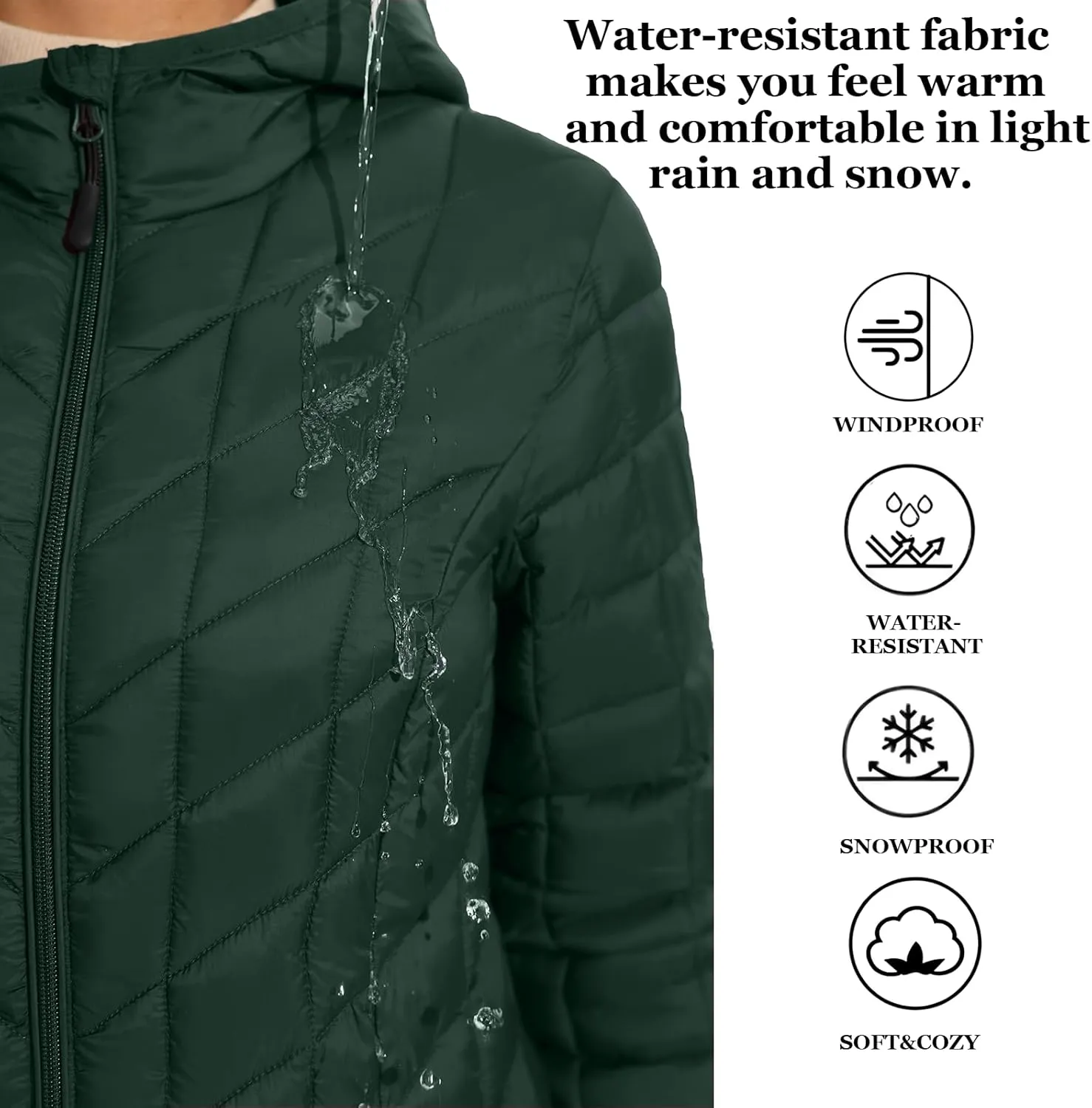 ZMC Women's Packable Puffer Jacket, Water-Resistant Hooded Puffer Jacket Lightweight Mid-Length Winter Puffer Coat