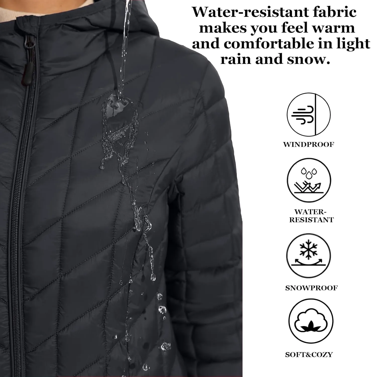 ZMC Women's Packable Puffer Jacket, Water-Resistant Hooded Puffer Jacket Lightweight Mid-Length Winter Puffer Coat