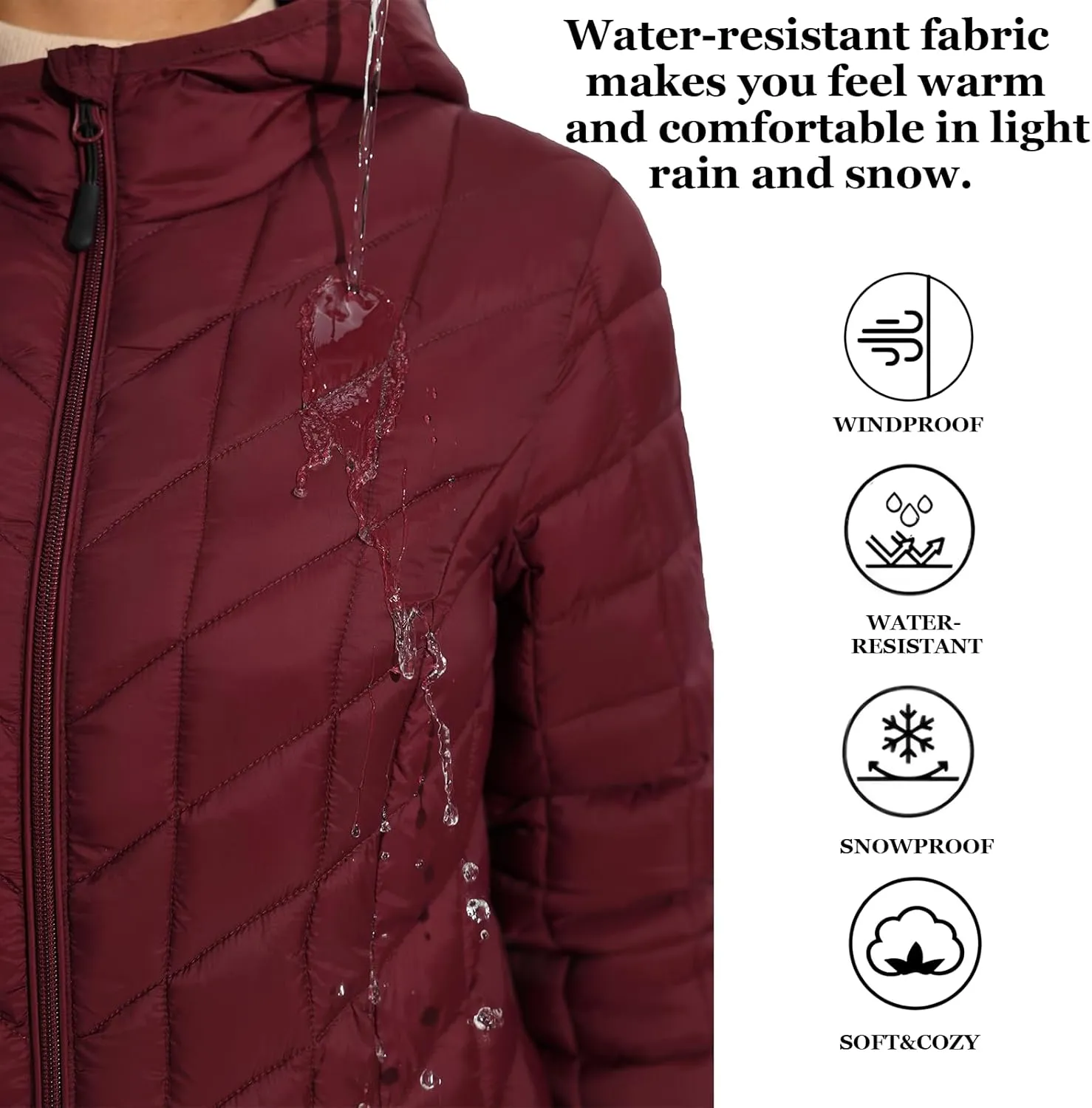 ZMC Women's Packable Puffer Jacket, Water-Resistant Hooded Puffer Jacket Lightweight Mid-Length Winter Puffer Coat
