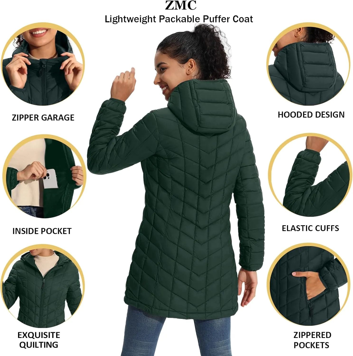 ZMC Women's Packable Puffer Jacket, Water-Resistant Hooded Puffer Jacket Lightweight Mid-Length Winter Puffer Coat