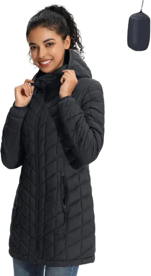 ZMC Women's Packable Puffer Jacket, Water-Resistant Hooded Puffer Jacket Lightweight Mid-Length Winter Puffer Coat