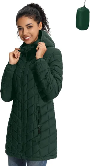 ZMC Women's Packable Puffer Jacket, Water-Resistant Hooded Puffer Jacket Lightweight Mid-Length Winter Puffer Coat