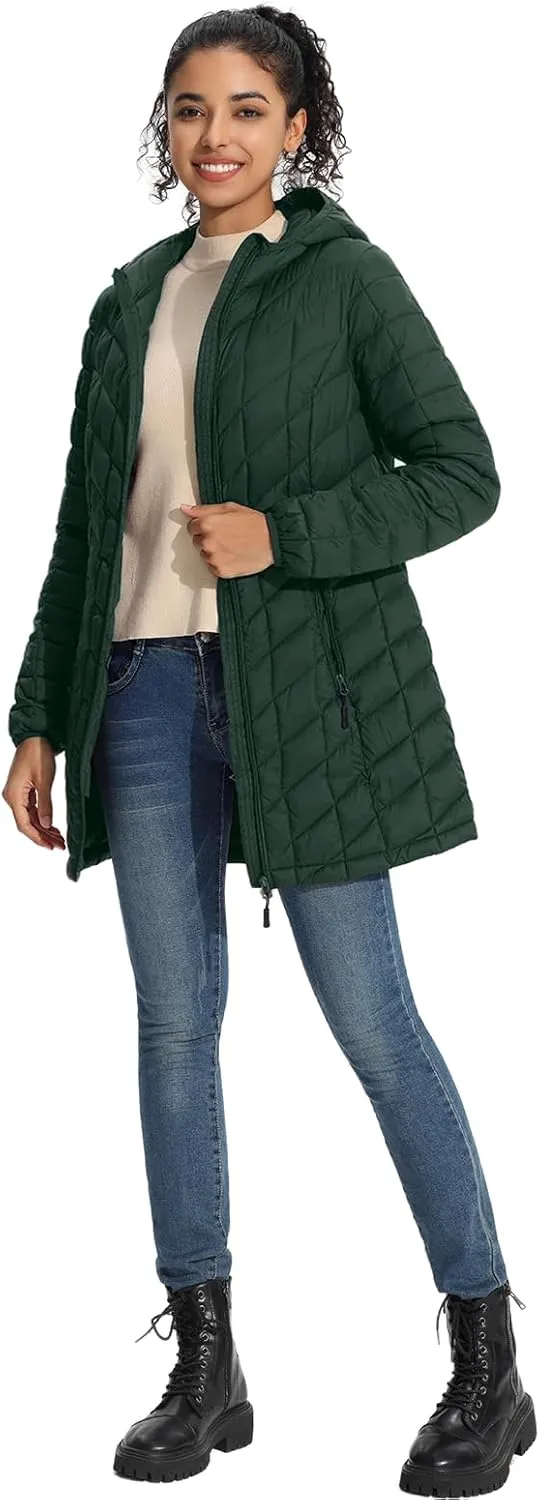 ZMC Women's Packable Puffer Jacket, Water-Resistant Hooded Puffer Jacket Lightweight Mid-Length Winter Puffer Coat