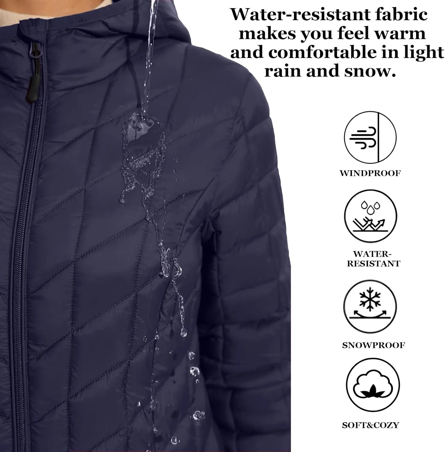 ZMC Women's Packable Puffer Jacket, Water-Resistant Hooded Puffer Jacket Lightweight Mid-Length Winter Puffer Coat
