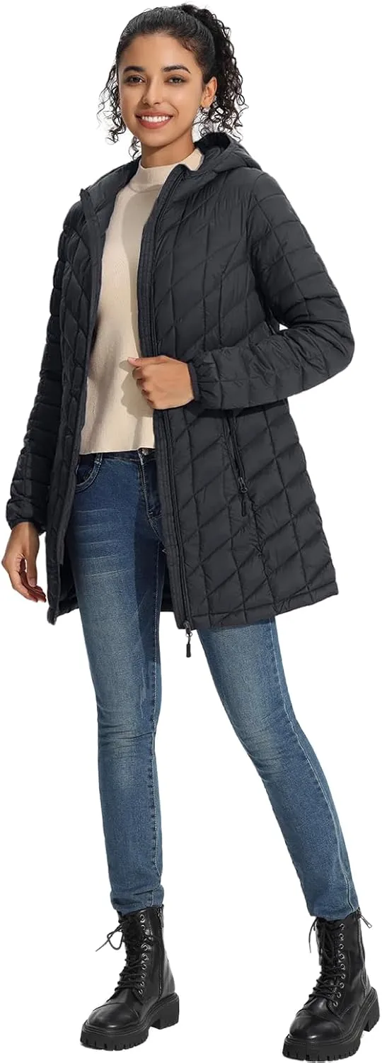 ZMC Women's Packable Puffer Jacket, Water-Resistant Hooded Puffer Jacket Lightweight Mid-Length Winter Puffer Coat